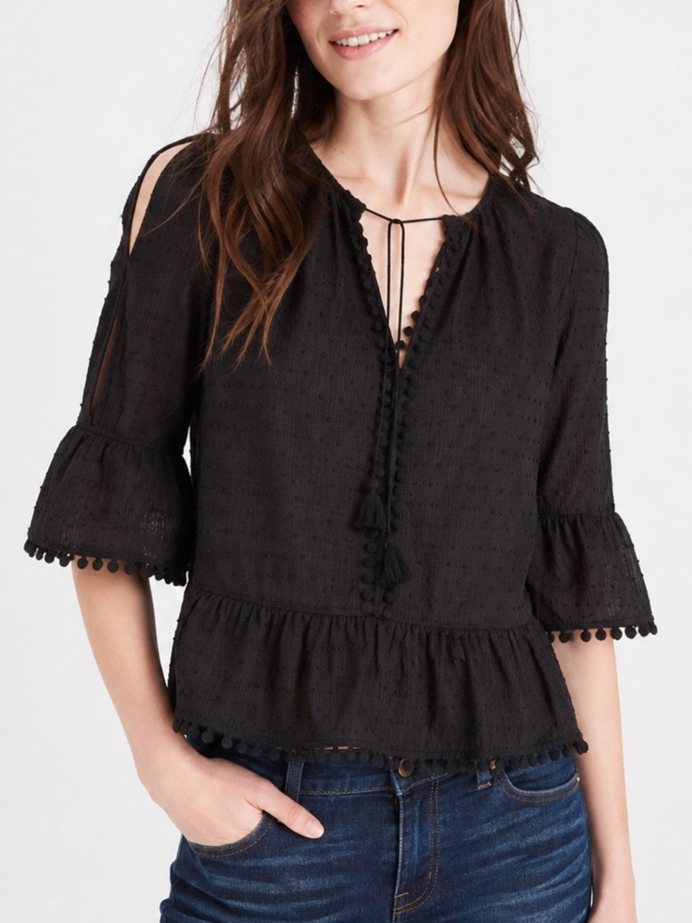 Madewell Black Peekaboo Pom Pom Blouse